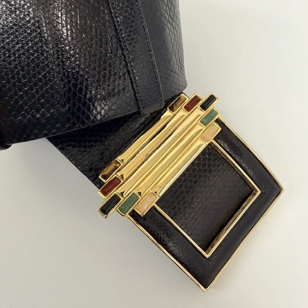 Vintage Judith Leiber Karung Belt Wide Black Multi Gemstone Buckle Adjustable